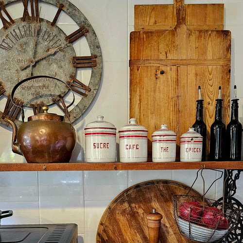 Red and white kitchen canisters