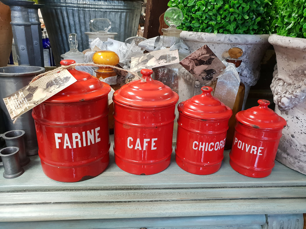 Set of 4 red vintage French enamel canisters