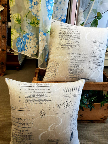 French script linen cushion